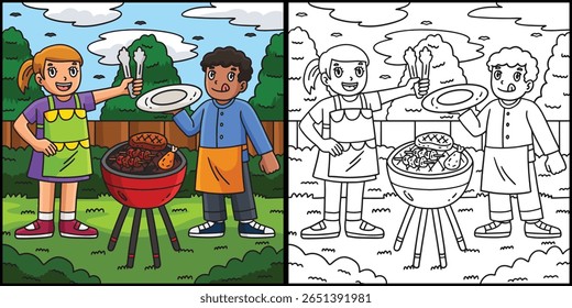 churrasco e grelhar com crianças ilustração 