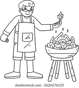 Barbacoa y asar a la parrilla Papá preparando el fuego aislado 