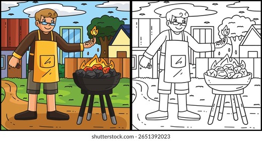 Churrasco e Grelhar Pai Configurando Ilustração de Fogo 