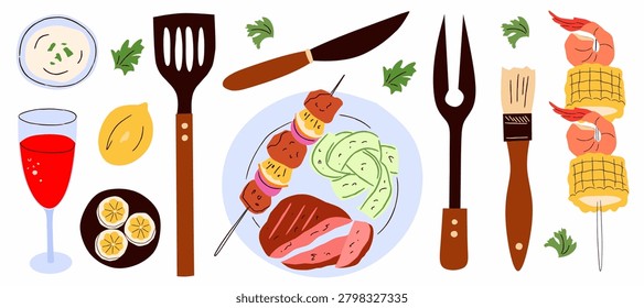 BBQ and Grilling Element Vector Set, Flat Hand Drawn Barbecue Food and Utensils with Steak, Kebab, Shrimp Skewer, Wine, and Tools for Summer Cookout Menu and Party Design Isolated on White Background 