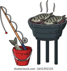 churrasco e grelhar peixe Desenho animado colorido Clipart 