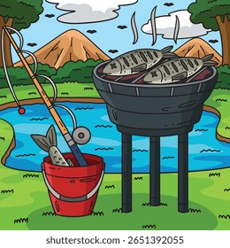 churrasco e grelhar peixe colorido ilustração de desenhos animados