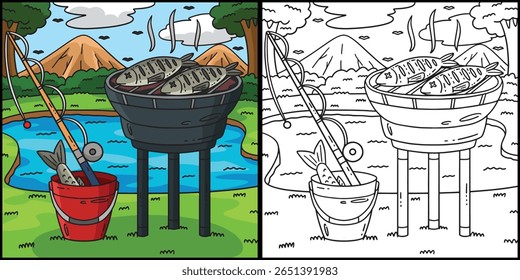 churrasco e grelhar peixe colorir página ilustração 