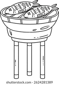 BBQ and Grilling Fish Isolated Coloring Page 