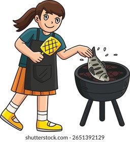 churrasco e menina de grelhar colocando peixe Grill Clipart 