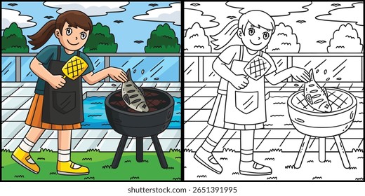 churrasco e menina de grelhar colocando comida ilustração 