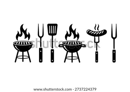 BBQ and Grilling Icons Set: Grill, Fork, Spatula, and Sausage Symbols.