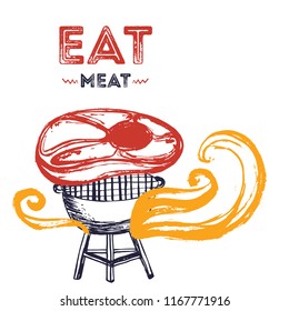 BBQ grunge doodle poster invitatation in square format. Barbecue party flyer. Grill illustration with meat and fire flames. Can be used for menu, poster.