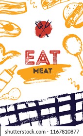 BBQ grunge doodle poster invitatation in A4 format. Barbecue party flyer. Grill illustration with meat. Can be used for menu, poster.