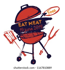 BBQ grunge doodle poster invitatation in square format. Barbecue party flyer. Grill illustration with meat. Can be used for menu, poster.