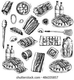 BBQ. Hand drawn doodle set. Decorative elements and food ingredients. Onions, mushrooms, meat, rolls, cabbage, sauce, beverage  isolated on white.  Korean BBQ