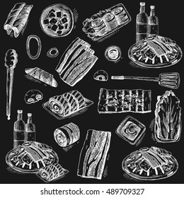 BBQ. Hand drawn doodle set. Decorative elements and food ingredients. Onions, mushrooms, meat, rolls, cabbage, sauce, beverage  on chalkboard background.  Korean BBQ