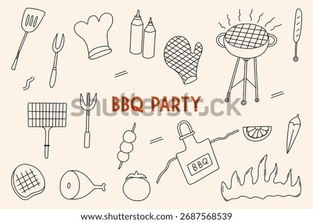 BBQ hand drawn doodle set, Barbecue illustration collection, Barbeque design elements in line art style, Fast food scribble for menu, prints, packaging, marketing