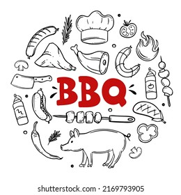 BBQ hand drawn menu items of restaurant bar cafe Vector of barbecue food doodles