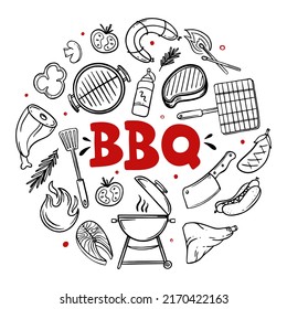 BBQ hand drawn menu items of restaurant bar cafe Vector of barbecue food doodles