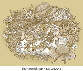 BBQ hand drawn vector doodles illustration. Picnic elements and objects cartoon background. Bright colors summer funny picture