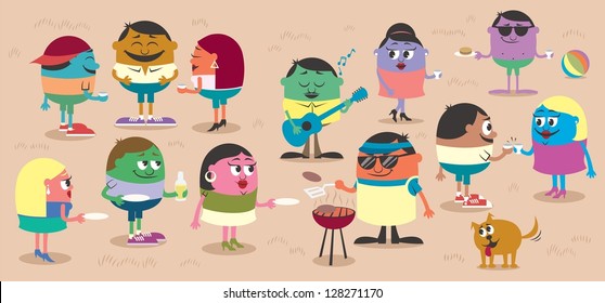 BBQ: Happy People Having Barbecue Outdoors. No Transparency And Gradients Used.