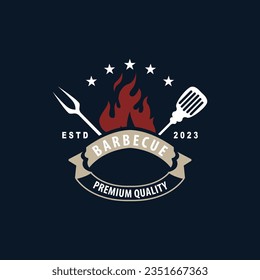 BBQ Hot Grill Logo, Barbeque Typography Vintage Design Label Stamp, Logo Restaurant, Cafe, Bar Simple