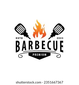 BBQ Hot Grill Logo, Barbeque Typography Vintage Design Label Stamp, Logo Restaurant, Cafe, Bar Simple