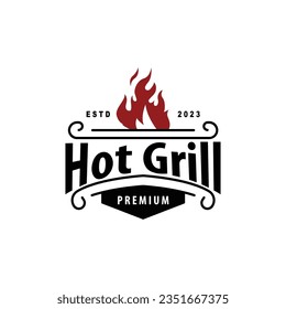 BBQ Hot Grill Logo, Barbeque Typography Vintage Design Label Stamp, Logo Restaurant, Cafe, Bar Simple