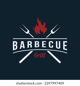 BBQ hot grill vintage typography logo with crossed flames and spatula. Logo for restaurant, badge,cafe and bar.