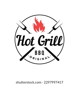 BBQ hot grill vintage typography logo with crossed flames and spatula. Logo for restaurant, badge,cafe and bar.
