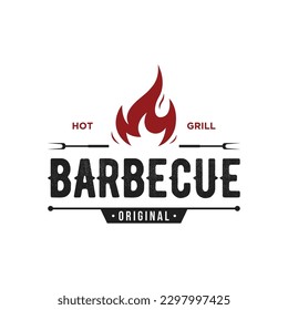 BBQ hot grill vintage typography logo with crossed flames and spatula. Logo for restaurant, badge,cafe and bar.