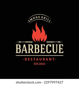 BBQ hot grill vintage typography logo with crossed flames and spatula. Logo for restaurant, badge,cafe and bar.