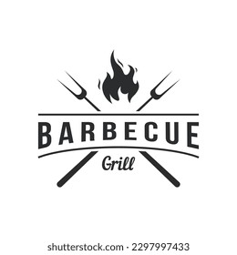 BBQ hot grill vintage typography logo with crossed flames and spatula. Logo for restaurant, badge,cafe and bar.