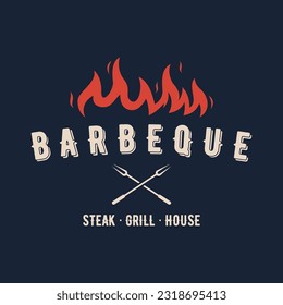 BBQ hot grill vintage typography Logo design with crossed flames and spatula. Logo for restaurant, badge,cafe and bar.
