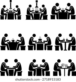 BBQ Hotpot and Dining Experience Icons, People Sitting at Table with Food and Drinks Symbols