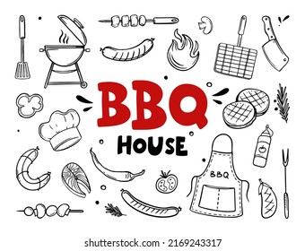 BBQ house hand drawn menu items of restaurant bar cafe Vector of barbecue food doodles