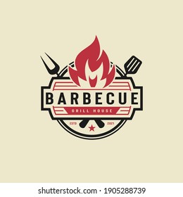 BBQ icon illustration, grill house and bar with grill, fire, fork and spatula for barbecue restaurant logo design