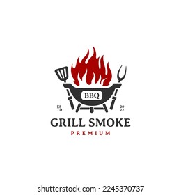 BBQ icon illustration, grill house and bar with grill, fire, fork and spatula for barbecue restaurant logo design