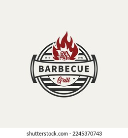 Icono de barbacoa ilustración, parrilla y bar con parrilla, fuego, tenedor y espátula para el diseño del logo del restaurante barbacoa