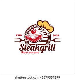 BBQ icon illustration, grill house and bar with grill, fire, fork and spatula for barbecue restaurant logo