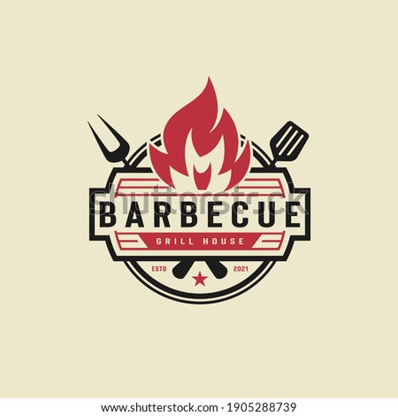 BBQ icon illustration, grill house and bar with grill, fire, fork and spatula for barbecue restaurant logo design