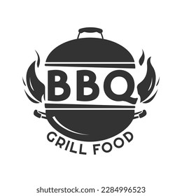 BBQ icon or logo. Grill food label with fire flame. Barbecue restaurant emblem, badge or sign design. Vector illustration.