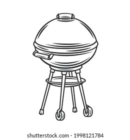 BBQ icon outline vector icon, drawing monochrome illustration. Kettle barbecue grill with cover.