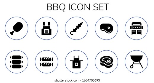 bbq Symbol-Set. 10 gefüllte BBQ-Symbole.  Einfache, moderne Symbole wie: Fleisch, Rippen, Vorron, Wurst, Spieß, Steak, Grill