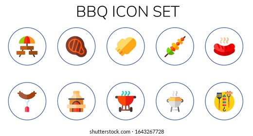 bbq icon set. 10 flat bbq icons. Included picnic, sausage, meat, grill, oven mitt, skewer icons