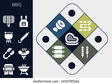 bbq icon set. 13 filled bbq icons.  Collection Of - Steak, Grill, Barbecue, Tongs, Sausage, Skewer, Apron, Sausages, Meat, Ribs, Skewers