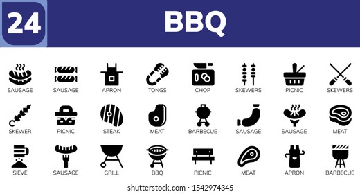 bbq icon set. 24 filled bbq icons.  Collection Of - Sausage, Apron, Tongs, Chop, Skewers, Picnic, Skewer, Steak, Meat, Barbecue, Sieve, Grill, Bbq icons