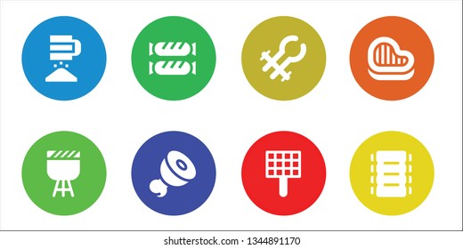 bbq icon set. 8 filled bbq icons.  Simple modern icons about  - Sieve, Barbecue, Sausage, Meat, Tongs, Grill, Steak, Ribs