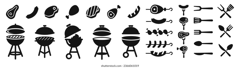 BBQ icon set. Barbecue grilling icons. BBQ picnic symbols. Silhouette style vector icons.