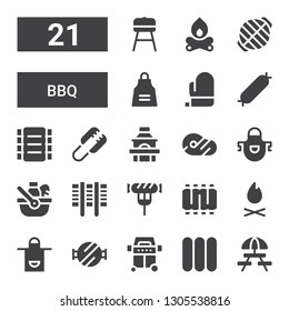 bbq icon set. Collection of 21 filled bbq icons included Picnic, Sausages, Grill, Barbecue grill, Apron, Bonfire, Ribs, Sausage, Meat, Tongs, Mitt, Barbecue