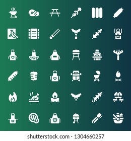 bbq icon set. Collection of 36 filled bbq icons included Picnic, Tongs, Grill, Apron, Meat, Skewer, Sausage, Bonfire, Roast chicken, Barbecue, Kebab, Ribs, Chop, Sausages