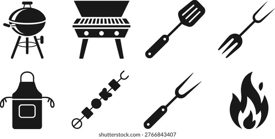 BBQ icon set. Grill, spatula, fork, apron, kebab, fire, barbecue, cooking, meat, outdoor party, food - stock vector