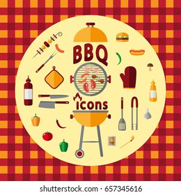 BBQ. Icon set for web and mobile application. Vector illustration on a Checkered pattern. Retro tablecloth texture. Flat design style.