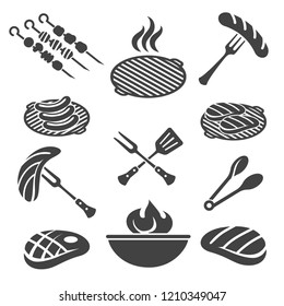 Bbq icons. Barbecue grill icon set with pork steak and chef, sausage fork and tomato sauce, vector illustration